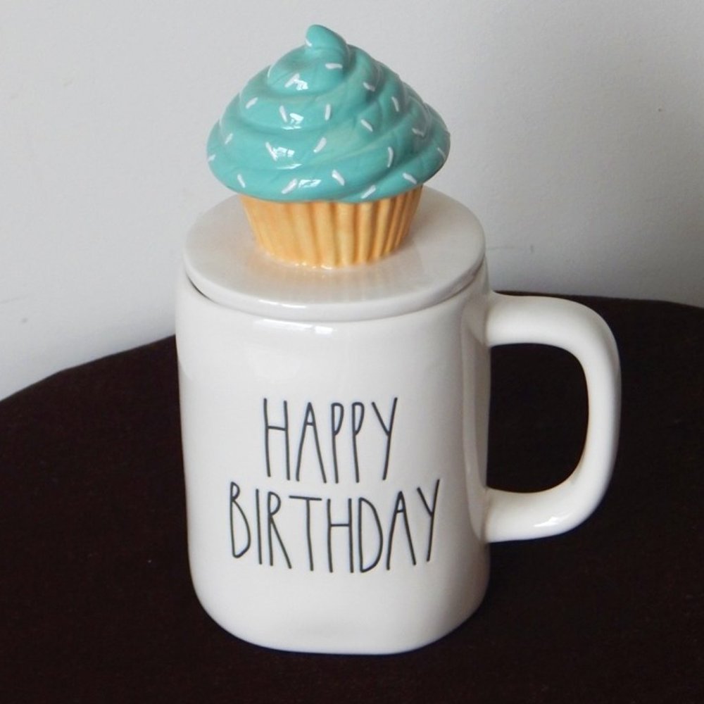 New Rae Dunn Happy Birthday Ceramic Mug with Cupcake Sprinkles Topper  VHTF